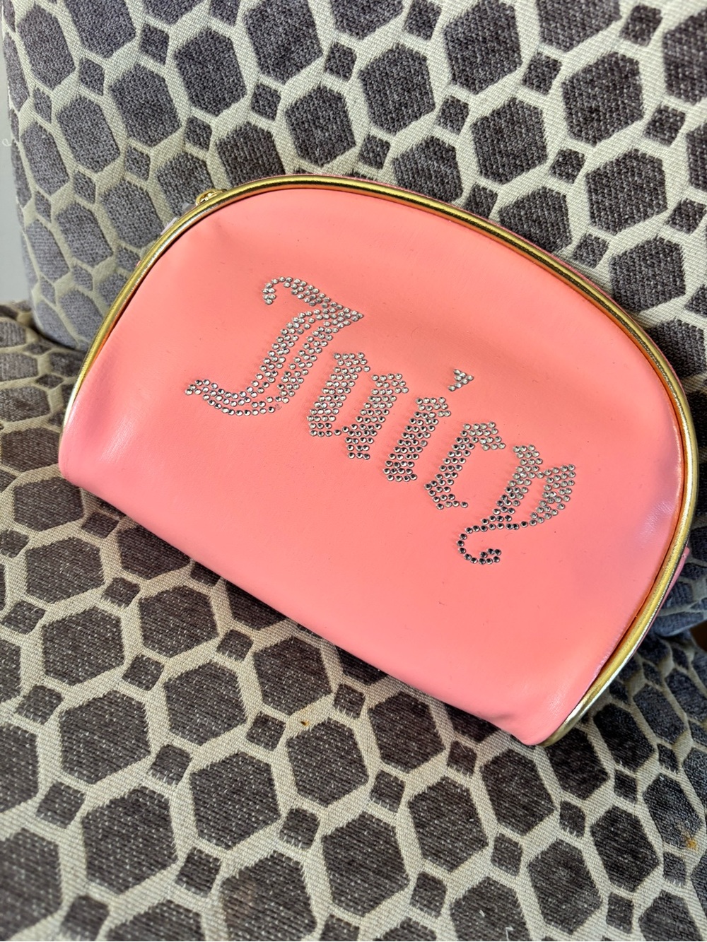 Juicy Couture Coral Pink Rhinestone Logo Cosmetic Case with Gold Trim